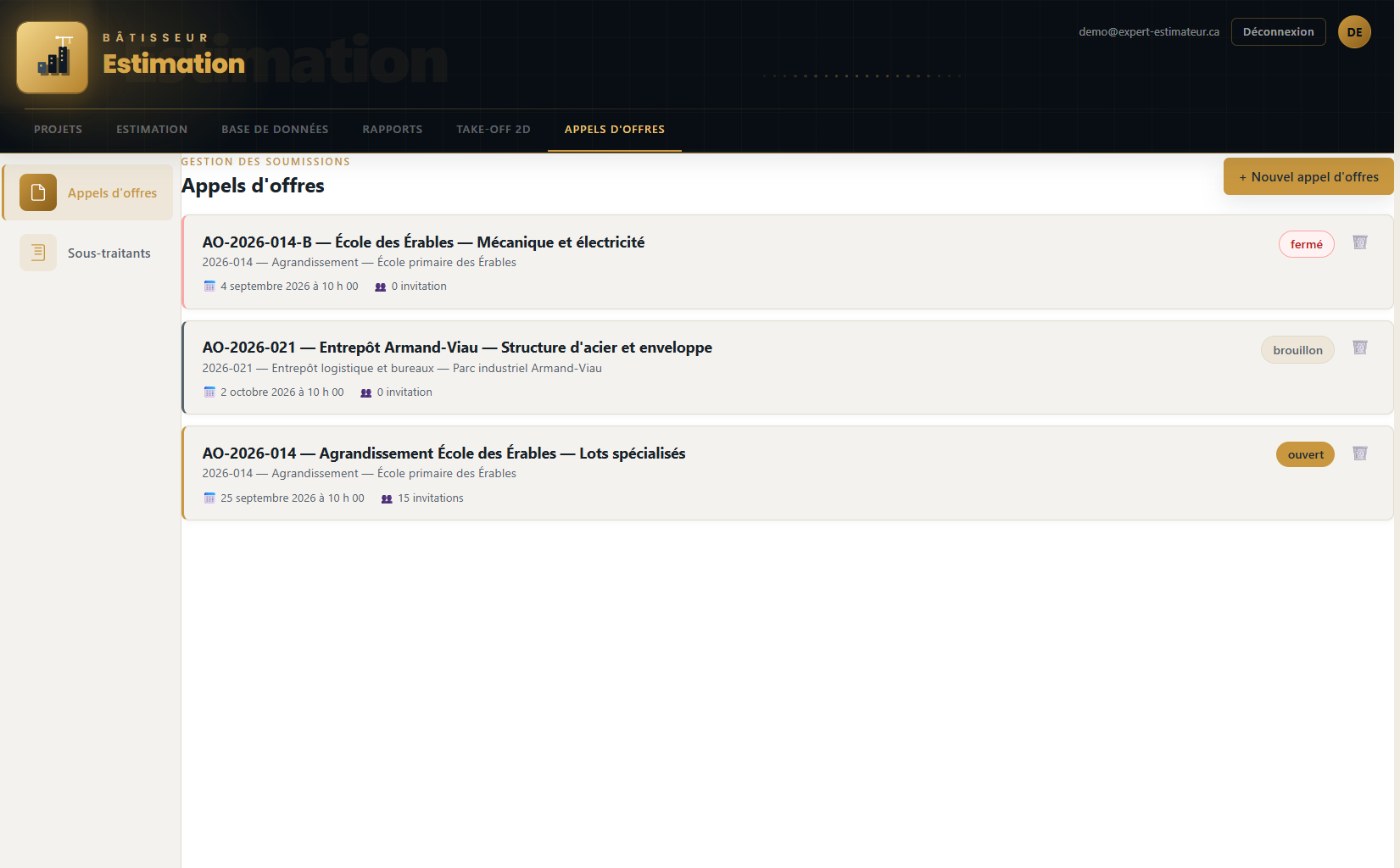 Module Appels d'offres : la liste des appels d'offres de la firme, chacun avec son projet, sa date de remise, son nombre d'invitations et son statut — fermé, brouillon ou ouvert.
