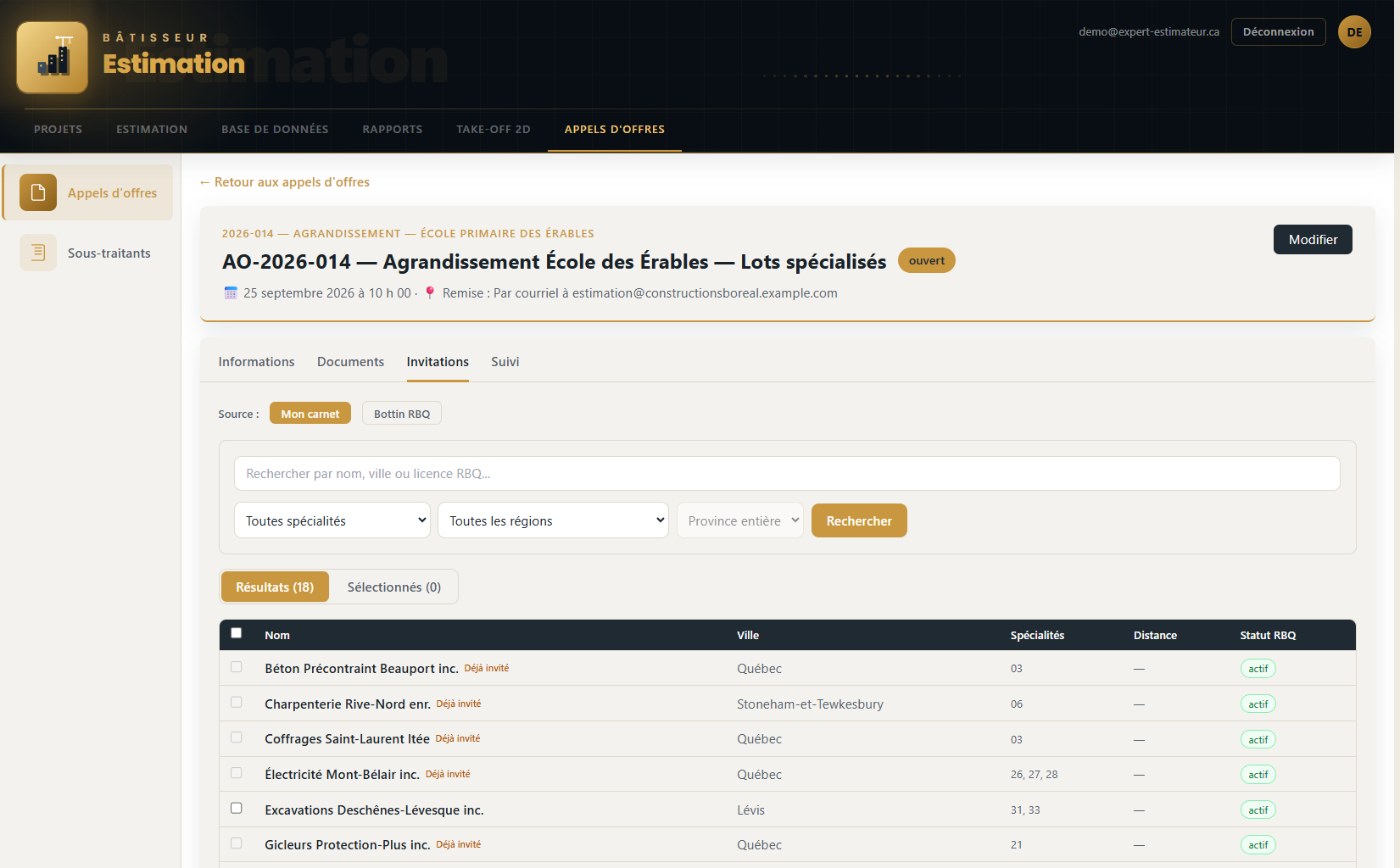 La fiche d'un appel d'offres ouvert, onglet Invitations : la recherche de sous-traitants dans le carnet de la firme ou le bottin RBQ, et la liste des entreprises avec leur ville, leurs spécialités et la mention « déjà invité ».