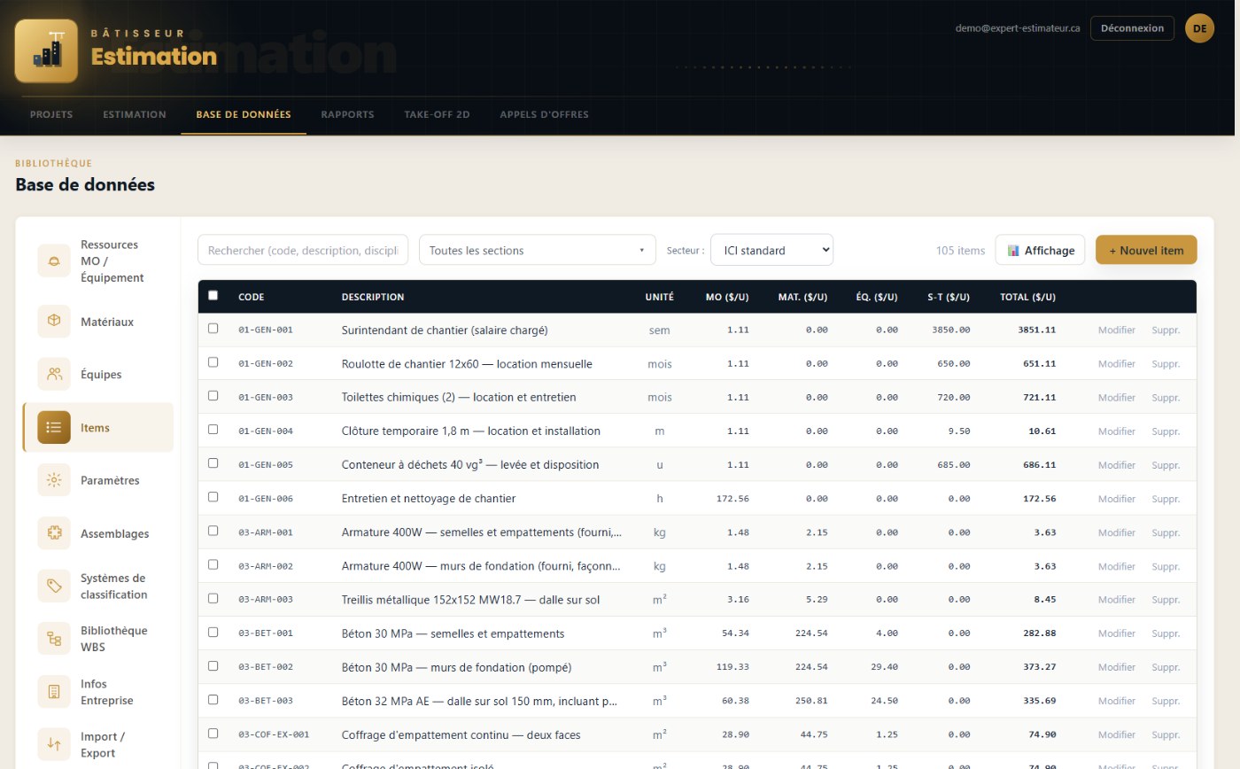 Module Estimation — base de données : la liste des 105 items de la firme avec code, description, unité et coûts unitaires de main-d'œuvre, matériaux, équipement et sous-traitance, calculés selon le secteur de main-d'œuvre choisi.
