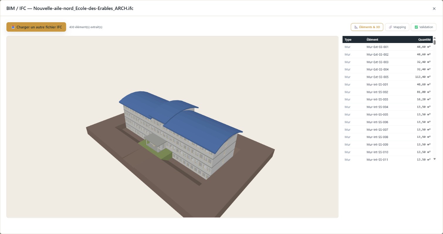 Module BIM/IFC : une maquette IFC de trois étages chargée dans l'application, affichée en 3D à côté de la liste des 430 éléments extraits — murs extérieurs et intérieurs par niveau — avec leur quantité en mètres carrés, et les étapes Éléments & 3D, Mapping et Validation.