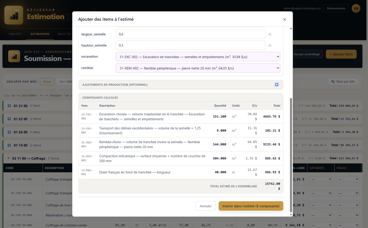 Les cinq composants calculés — 151,2 m³ excavés, 144 m³ remblayés, transport, compaction, drain — et le total de l'assemblage : 15 742,00 $. Le bouton Insérer est actif.