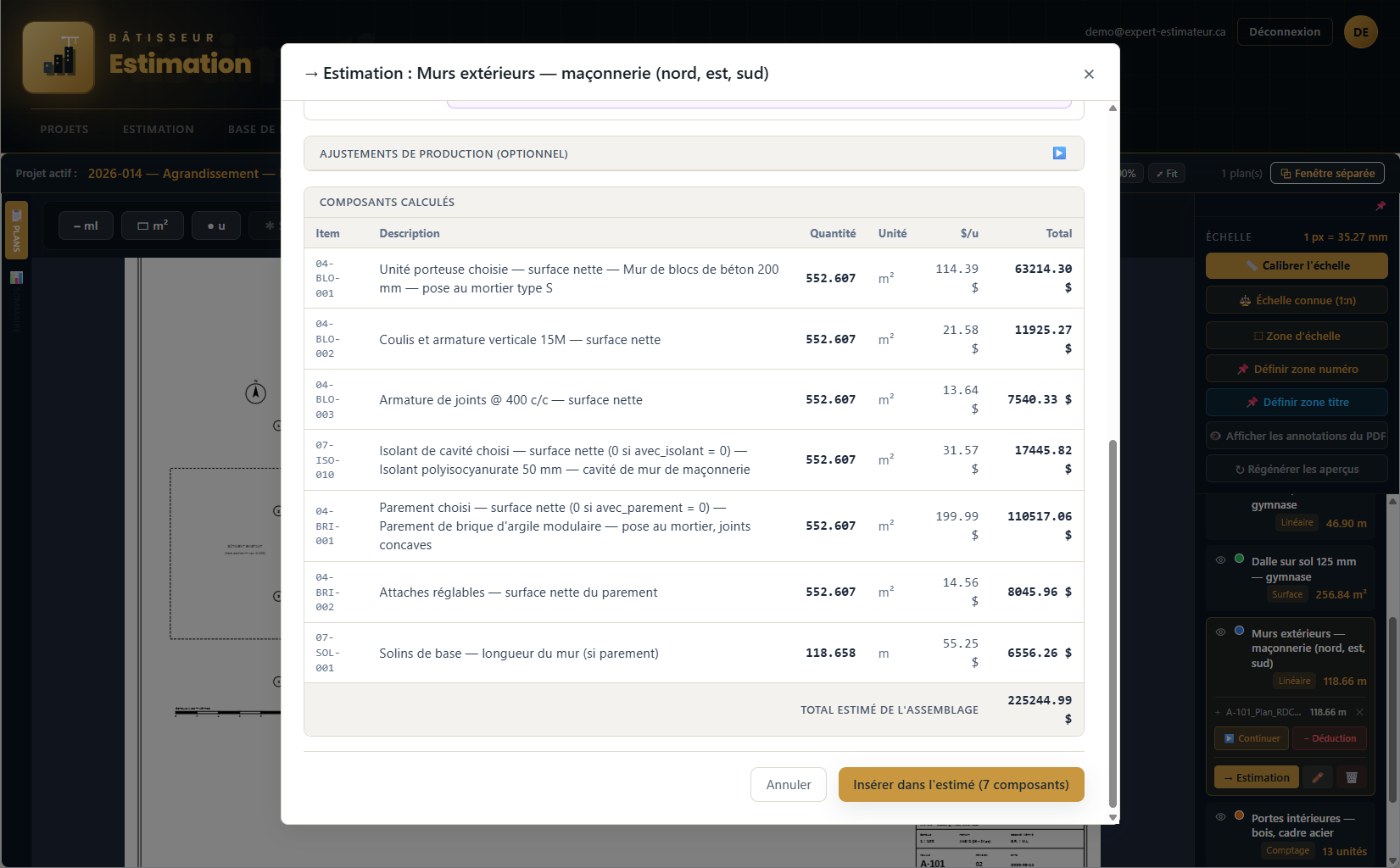 Les sept composants calculés sur 552,607 m² nets, et le total estimé de l'assemblage : 225 244,99 $.